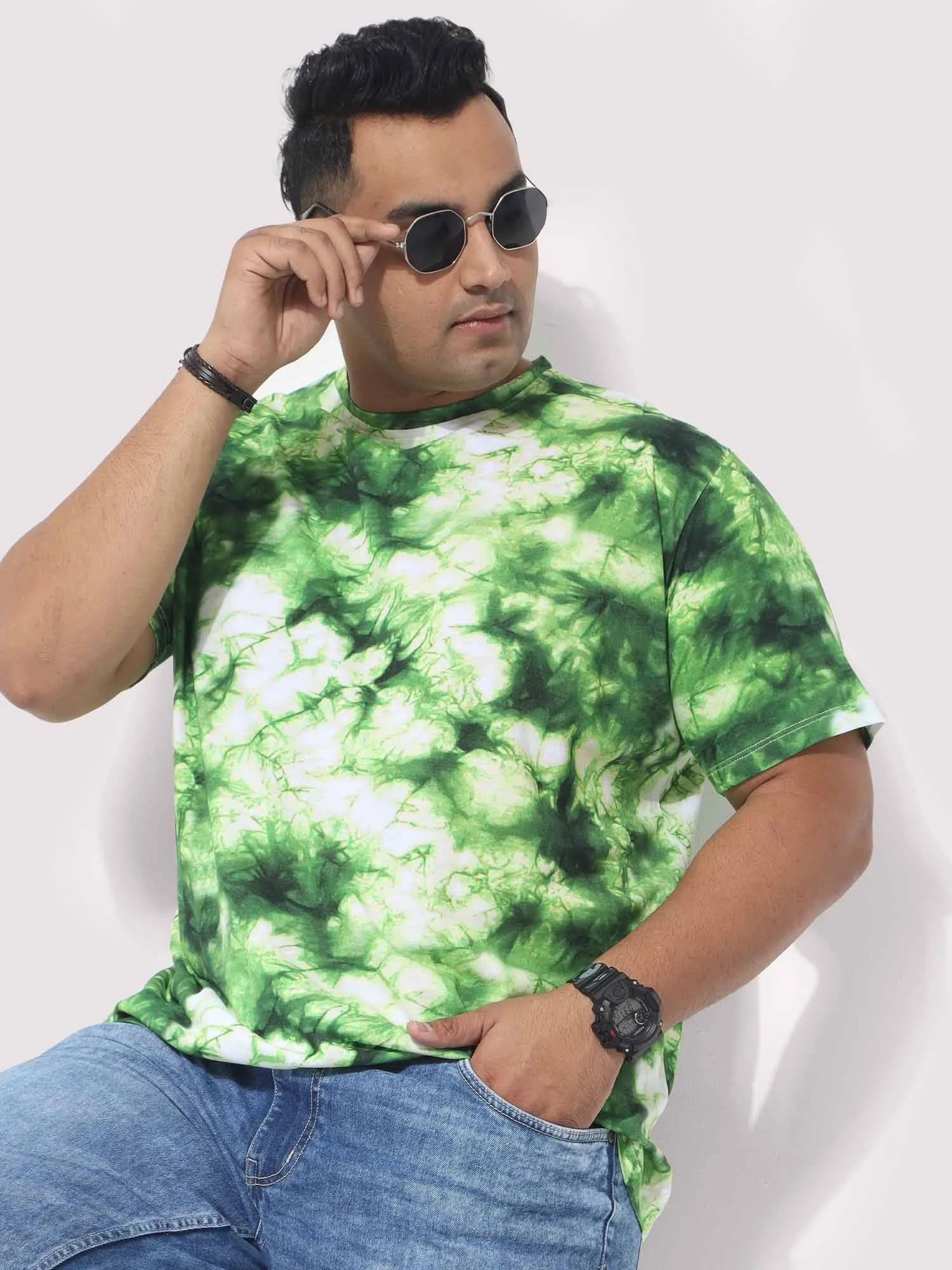 Men Plus Size Green Tie Dye Texture Digital Printed Round Neck T-Shirt