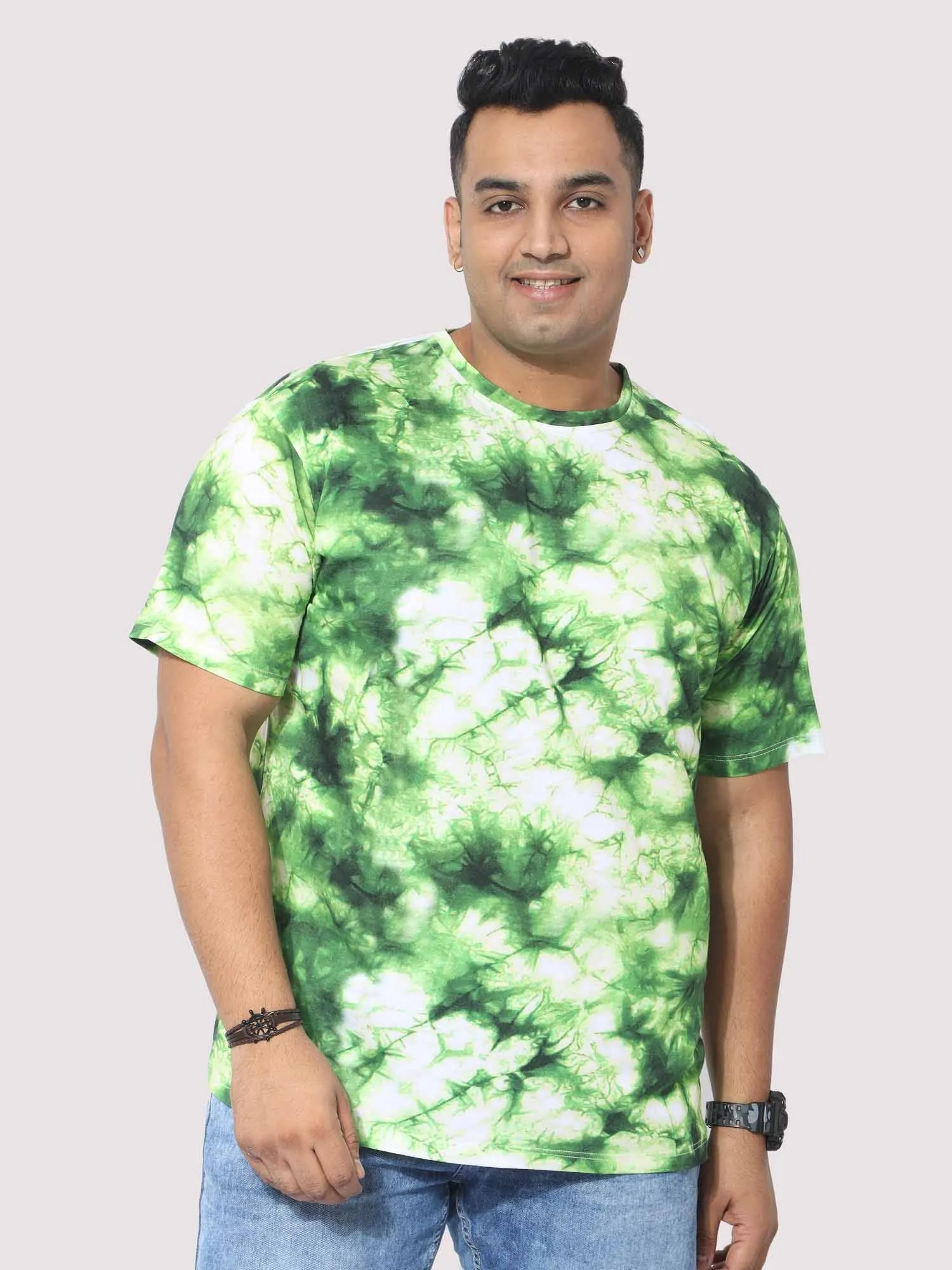 Men Plus Size Green Tie Dye Texture Digital Printed Round Neck T-Shirt