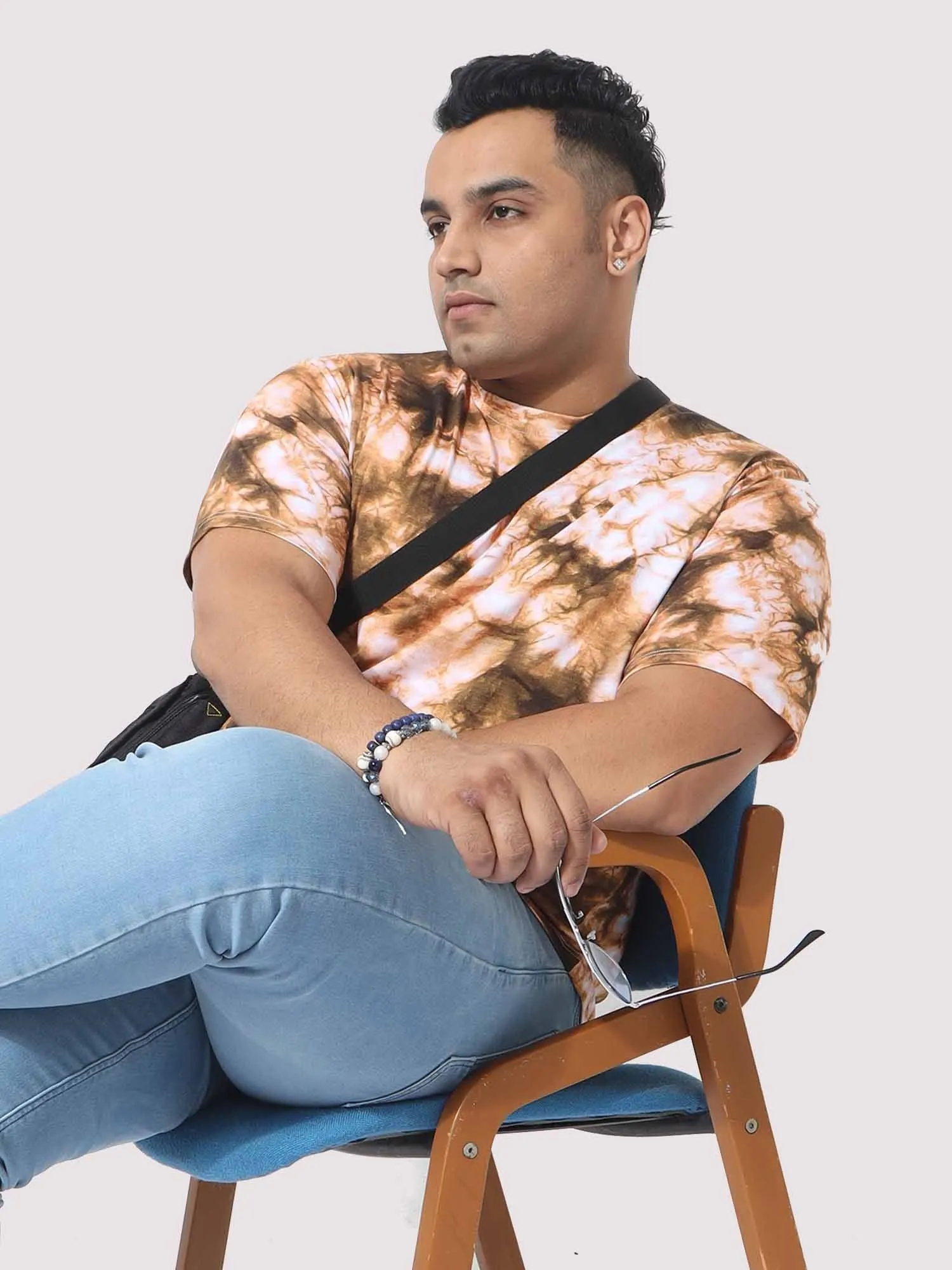 Men Plus Size Mustard Tie Dye Texture Digital Printed Round Neck T-Shirt