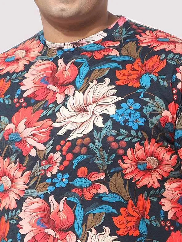 Men Plus Size Red Floral Digital Printed Round Neck T-Shirt