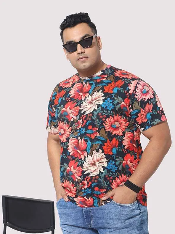 Men Plus Size Red Floral Digital Printed Round Neck T-Shirt