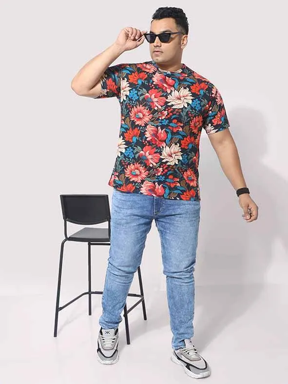 Men Plus Size Red Floral Digital Printed Round Neck T-Shirt