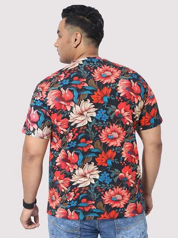 Men Plus Size Red Floral Digital Printed Round Neck T-Shirt