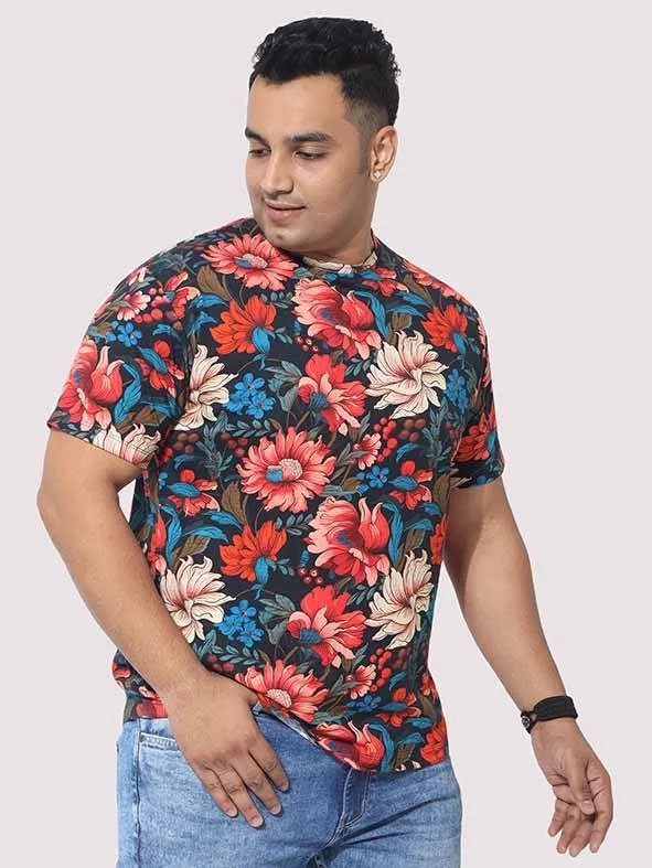 Men Plus Size Red Floral Digital Printed Round Neck T-Shirt