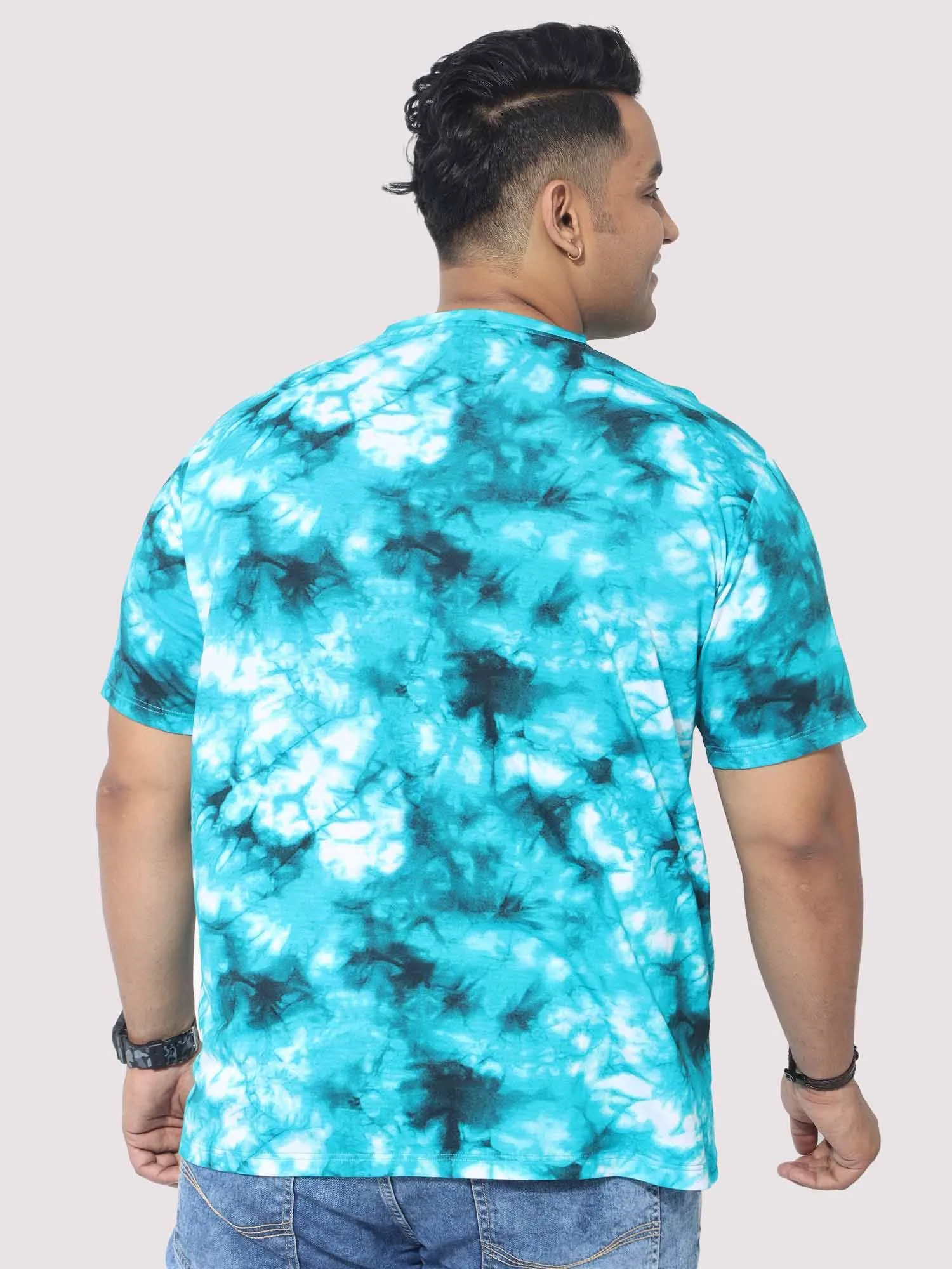 Men Plus Size Sky Blue Tie Dye Texture Digital Printed Round Neck T-Shirt