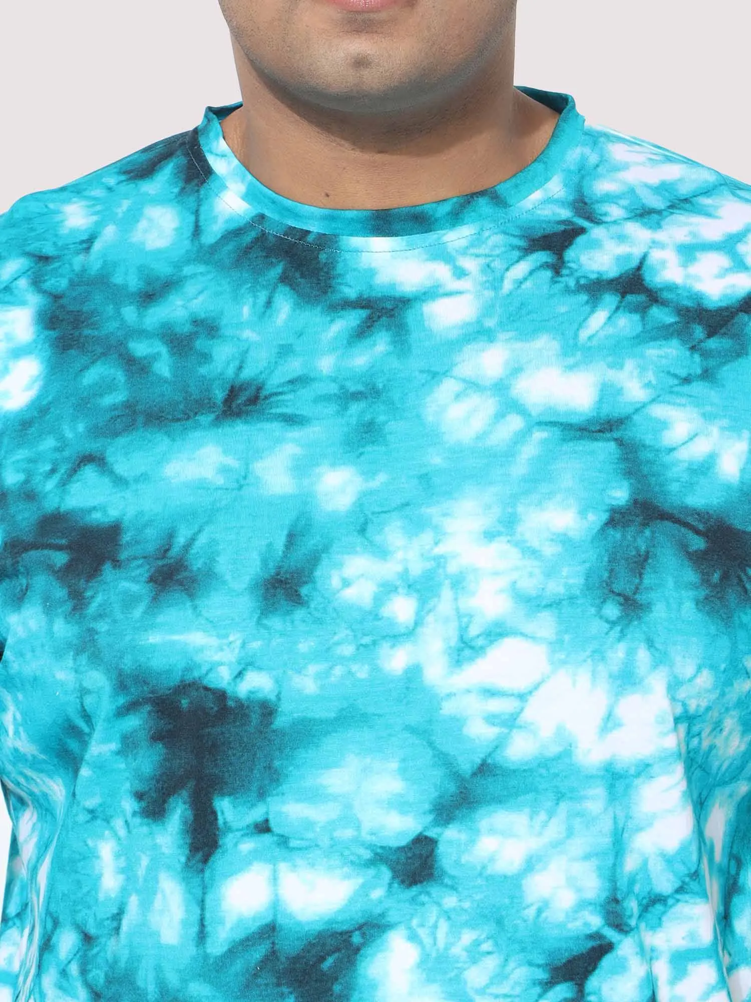 Men Plus Size Sky Blue Tie Dye Texture Digital Printed Round Neck T-Shirt