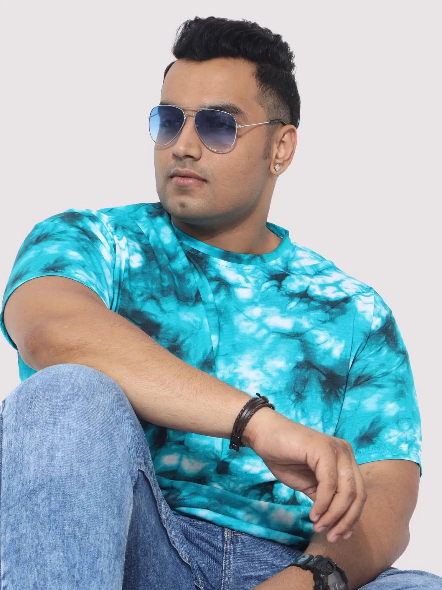 Men Plus Size Sky Blue Tie Dye Texture Digital Printed Round Neck T-Shirt