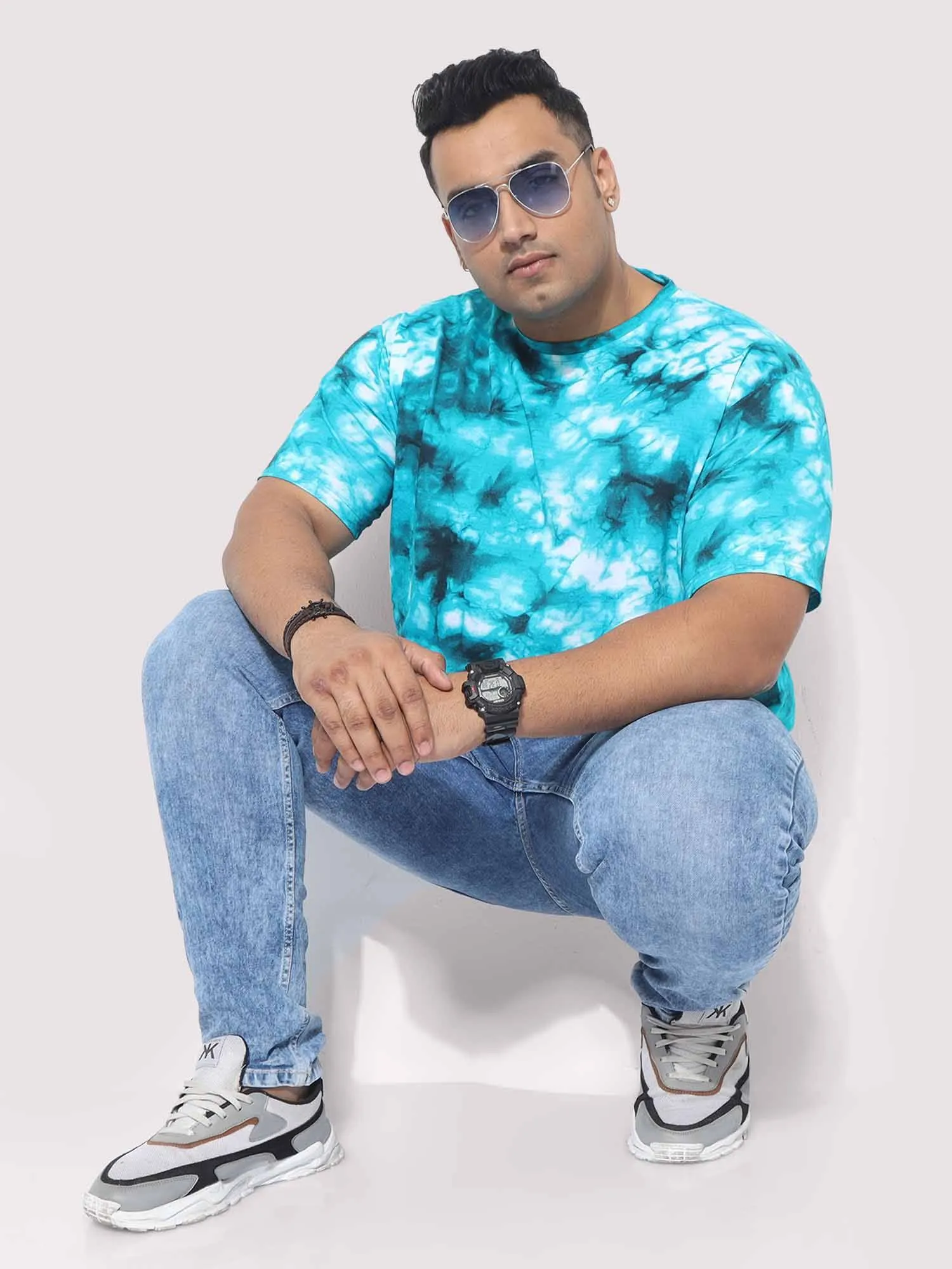 Men Plus Size Sky Blue Tie Dye Texture Digital Printed Round Neck T-Shirt