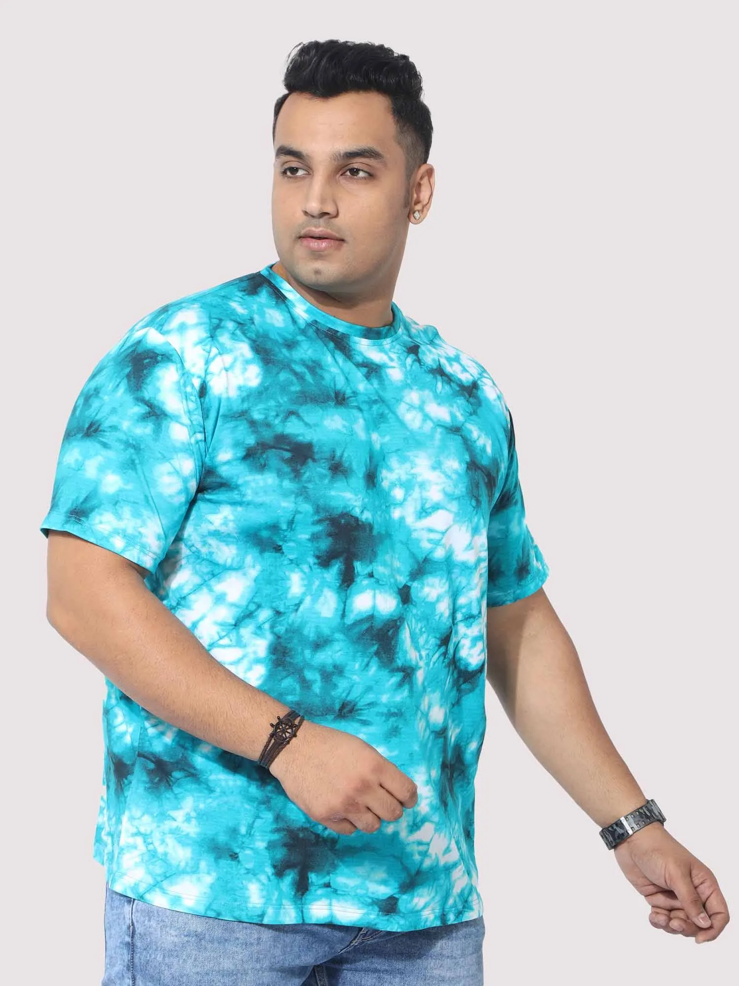 Men Plus Size Sky Blue Tie Dye Texture Digital Printed Round Neck T-Shirt