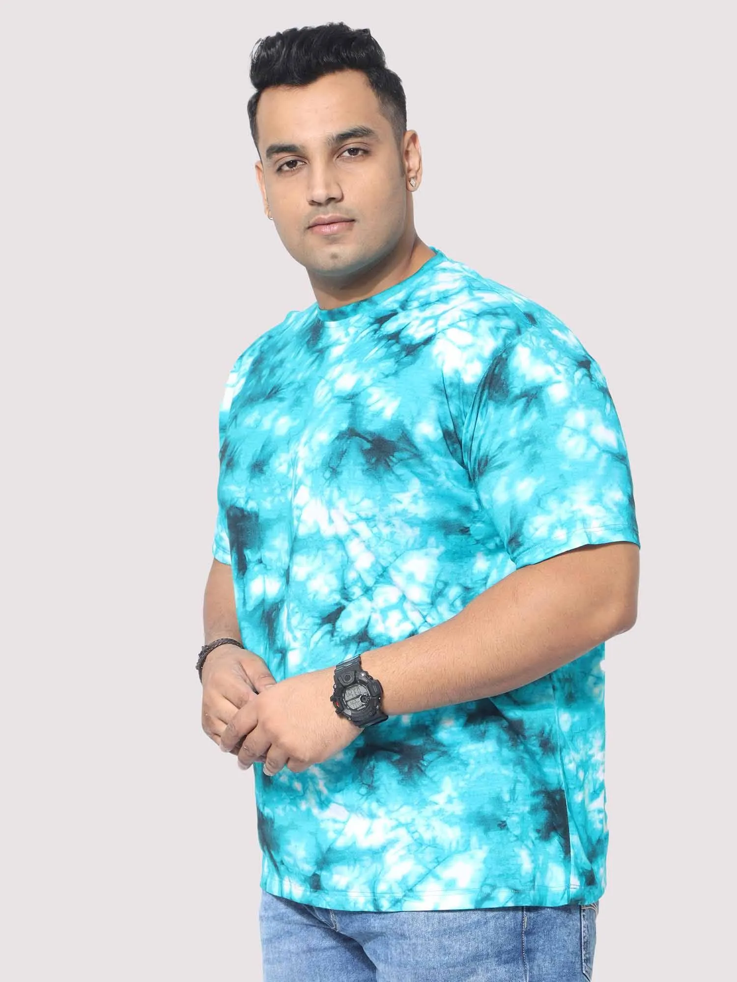 Men Plus Size Sky Blue Tie Dye Texture Digital Printed Round Neck T-Shirt