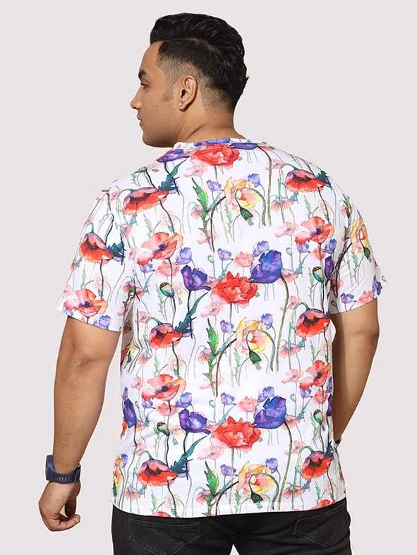 Men Plus Size Watercolour Flower Digital Printed Round Neck T-Shirt