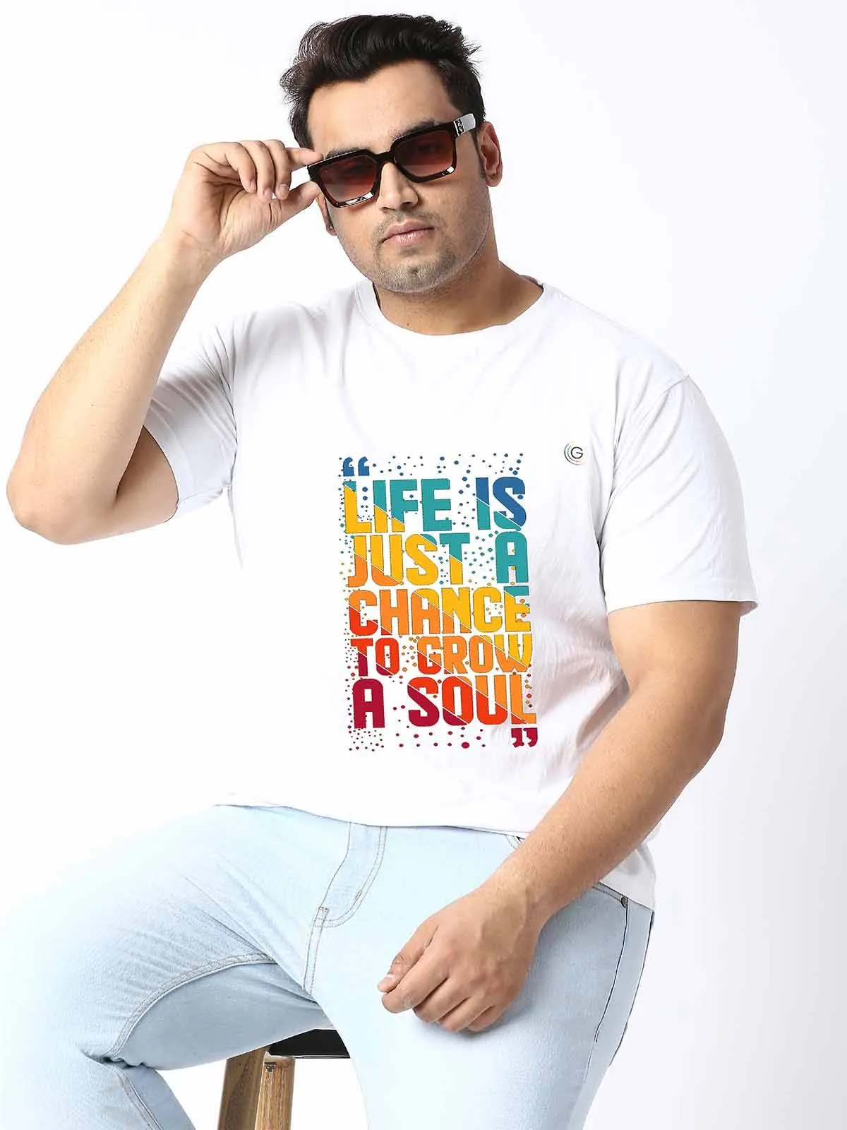 Men Plus Size WhIte Typography Printed Round Neck T-Shirt