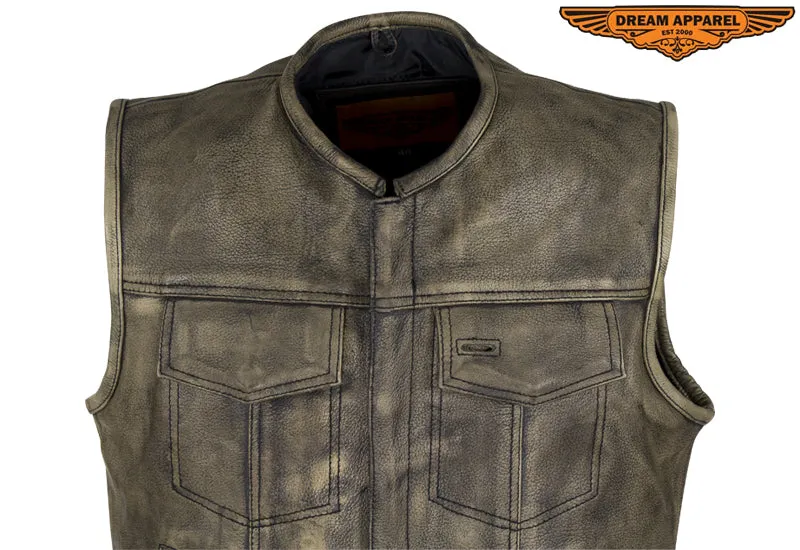 Men's Distressed Brown Leather Motorcycle Club Vest