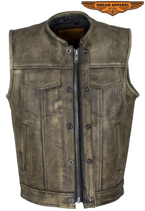 Men's Distressed Brown Leather Motorcycle Club Vest