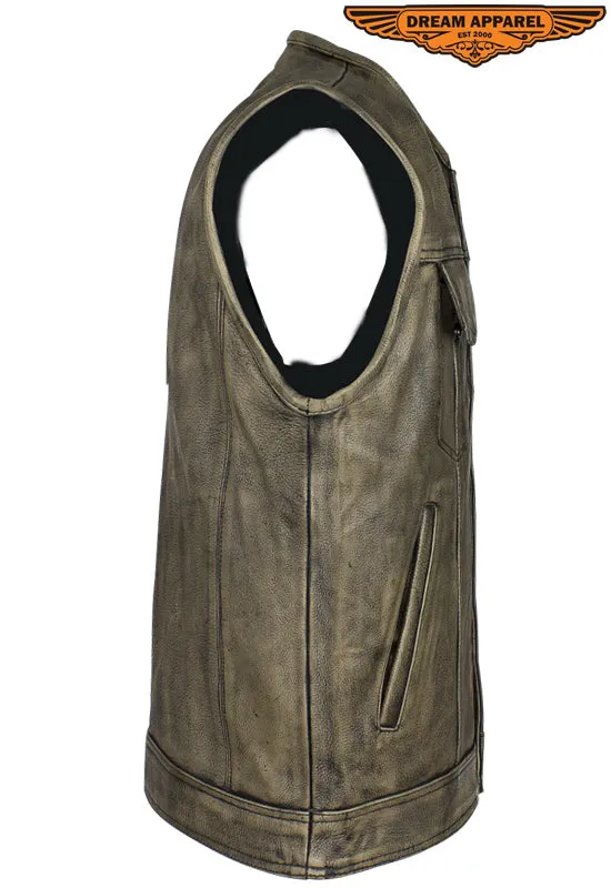 Men's Distressed Brown Leather Motorcycle Club Vest