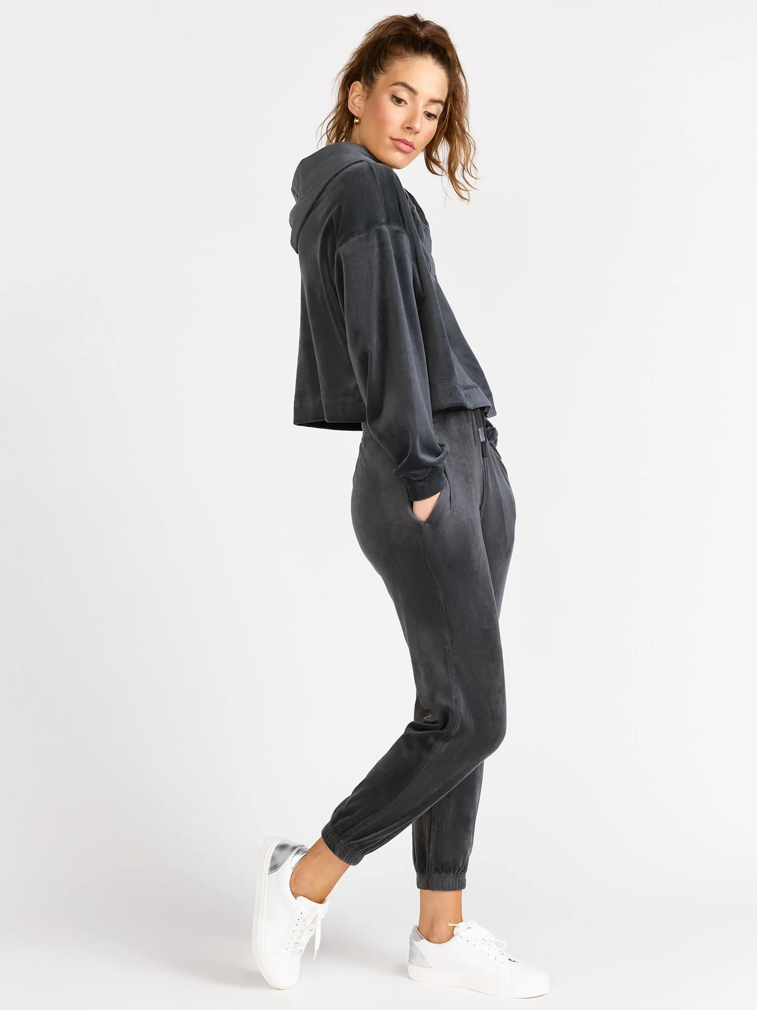 Mono B Velour Cropped Hoodie Pullover, Grey - Brands We Love