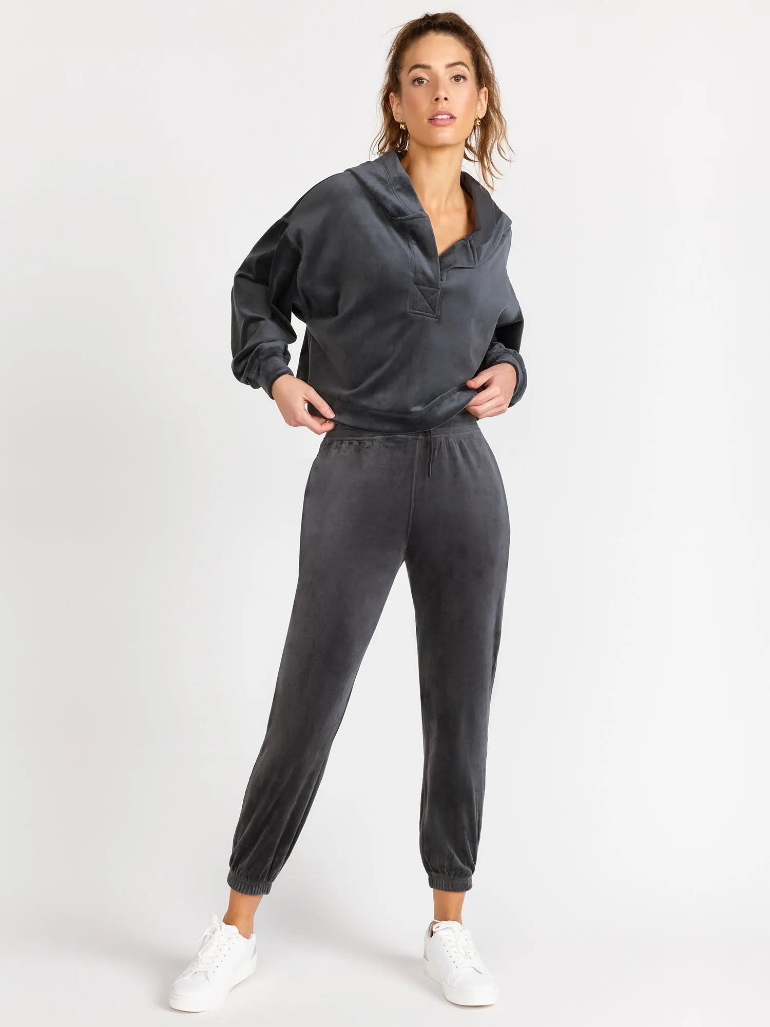 Mono B Velour Cropped Hoodie Pullover, Grey - Brands We Love