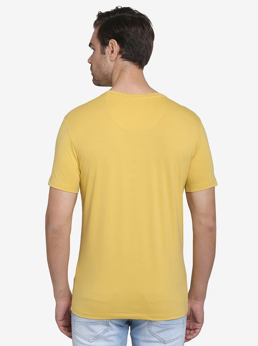 Mustard Yellow Printed Slim Fit T-Shirt  | JadeBlue