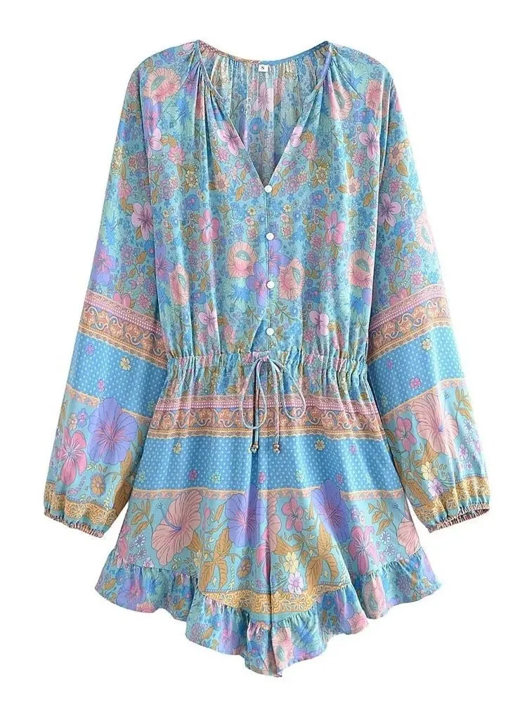 Playsuit Flowers Light Blue-Pink