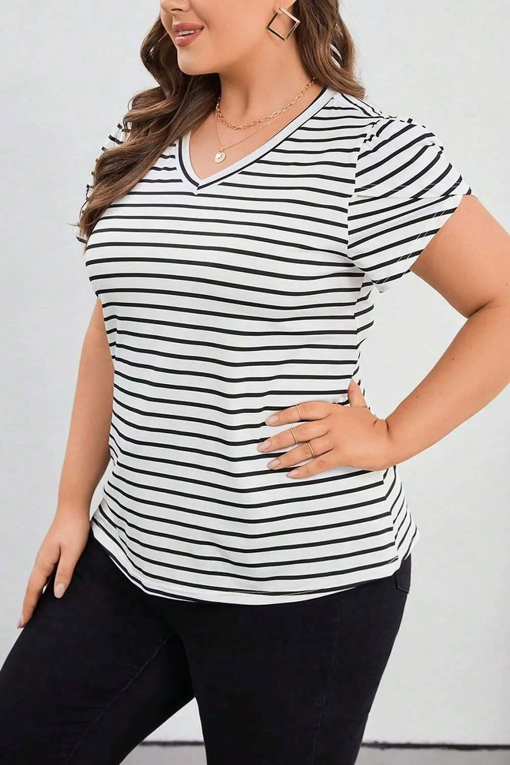 Plus Size Striped V Neck Short Sleeve T-Shirt for Comfort