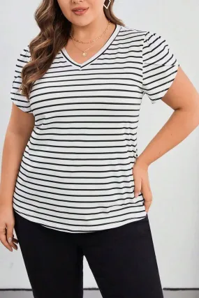 Plus Size Striped V Neck Short Sleeve T-Shirt for Comfort