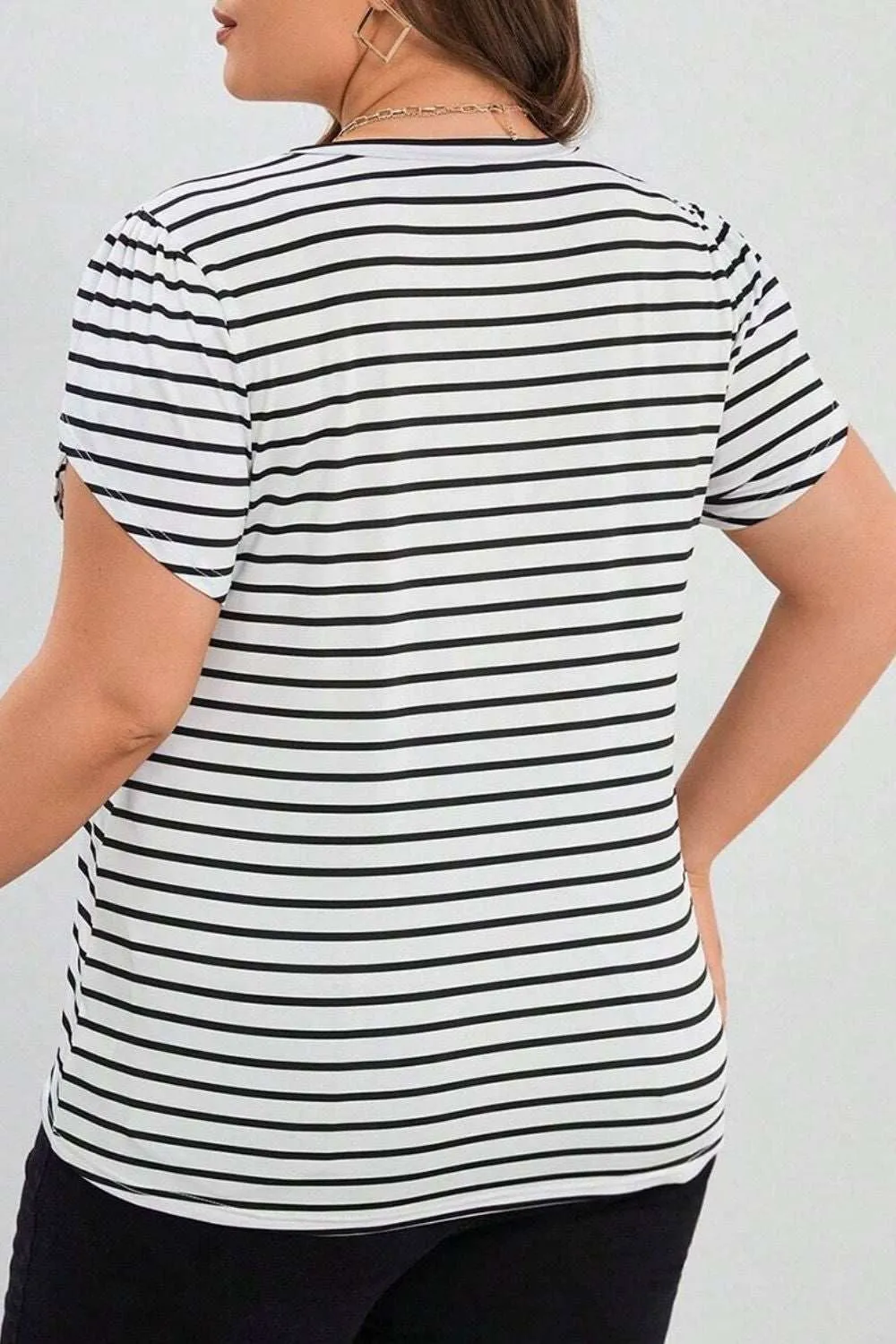 Plus Size Striped V Neck Short Sleeve T-Shirt for Comfort