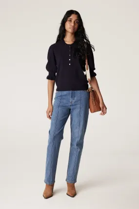 Pointelle Frill Top - Navy