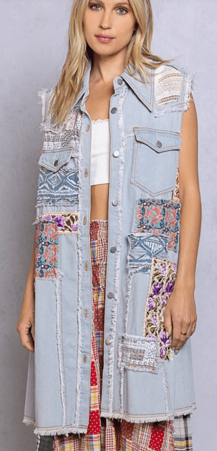POL Blue Denim Patchwork Long Vest GWD18