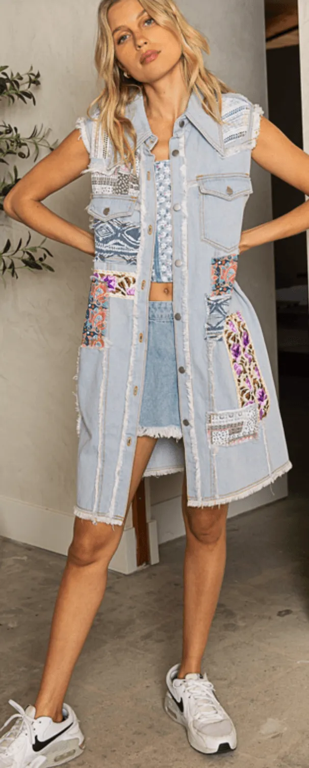 POL Blue Denim Patchwork Long Vest GWD18