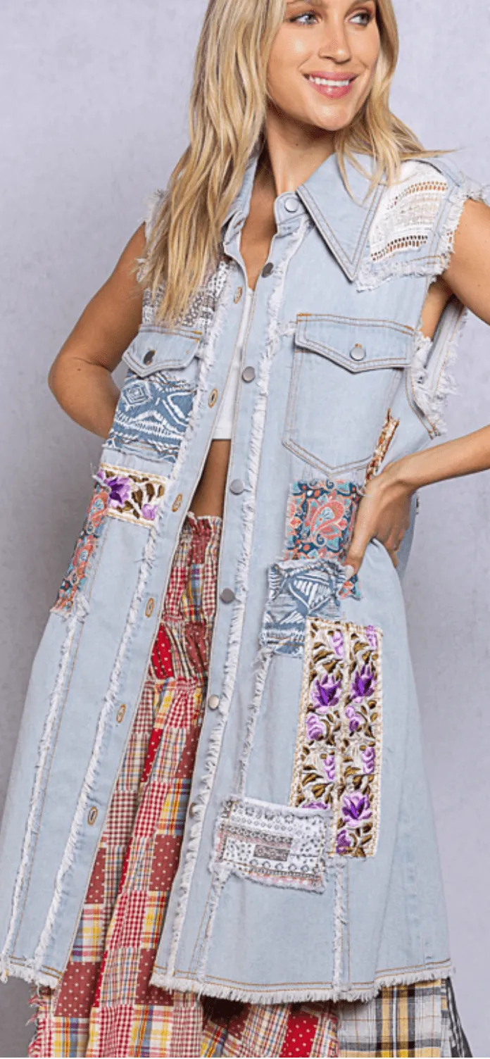 POL Blue Denim Patchwork Long Vest GWD18
