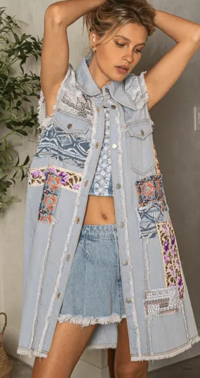 POL Blue Denim Patchwork Long Vest GWD18