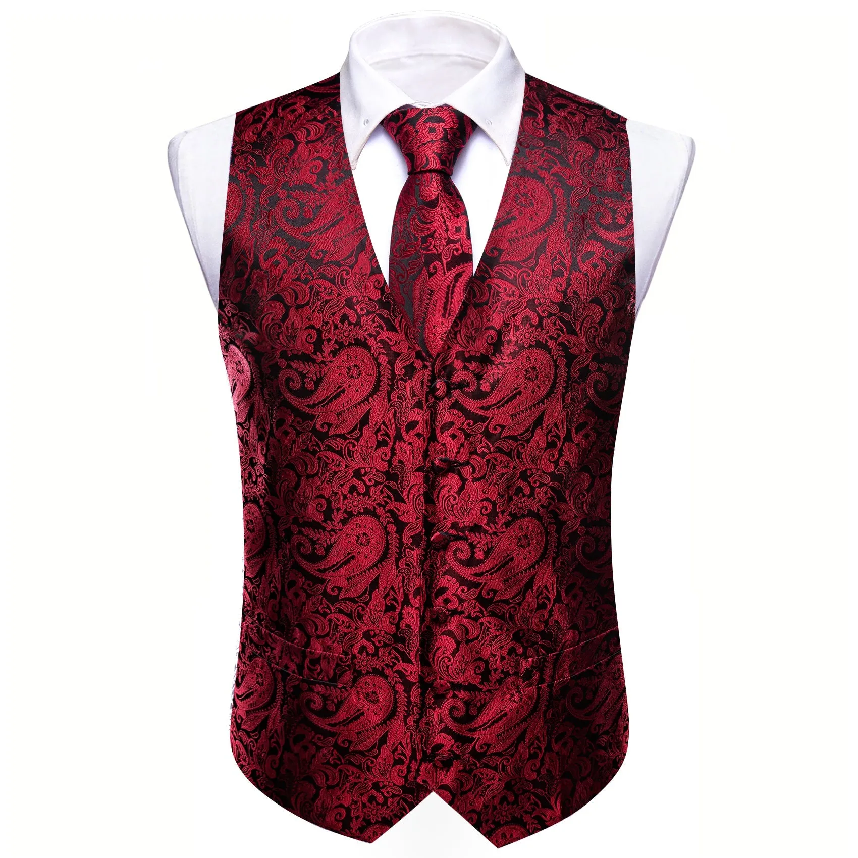 Red Black Paisley Silk Men's Vest Tie Handkerchief Cufflinks Set