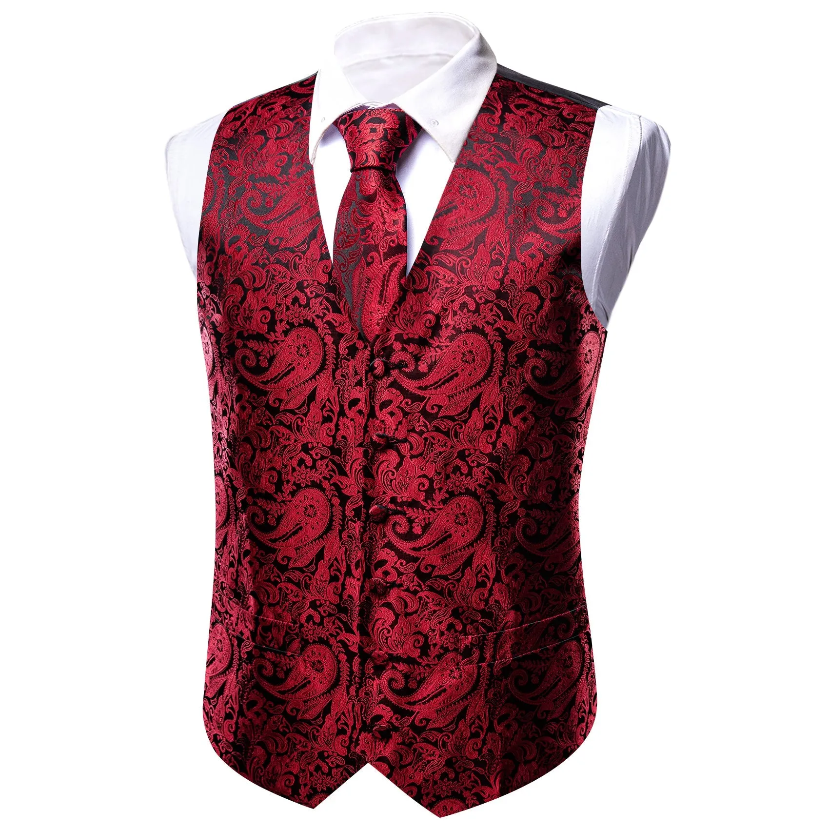 Red Black Paisley Silk Men's Vest Tie Handkerchief Cufflinks Set