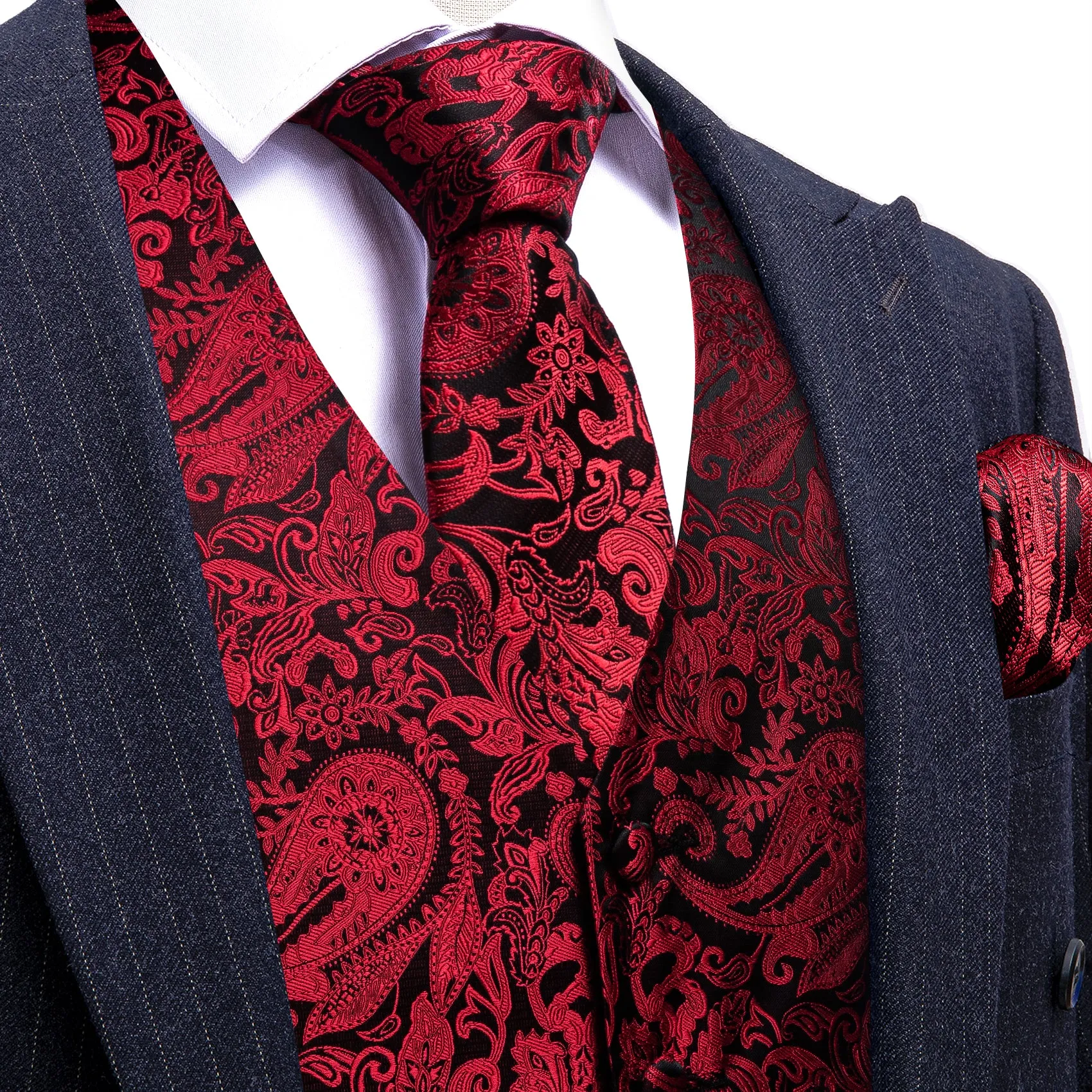 Red Black Paisley Silk Men's Vest Tie Handkerchief Cufflinks Set