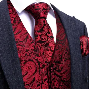 Red Black Paisley Silk Men's Vest Tie Handkerchief Cufflinks Set