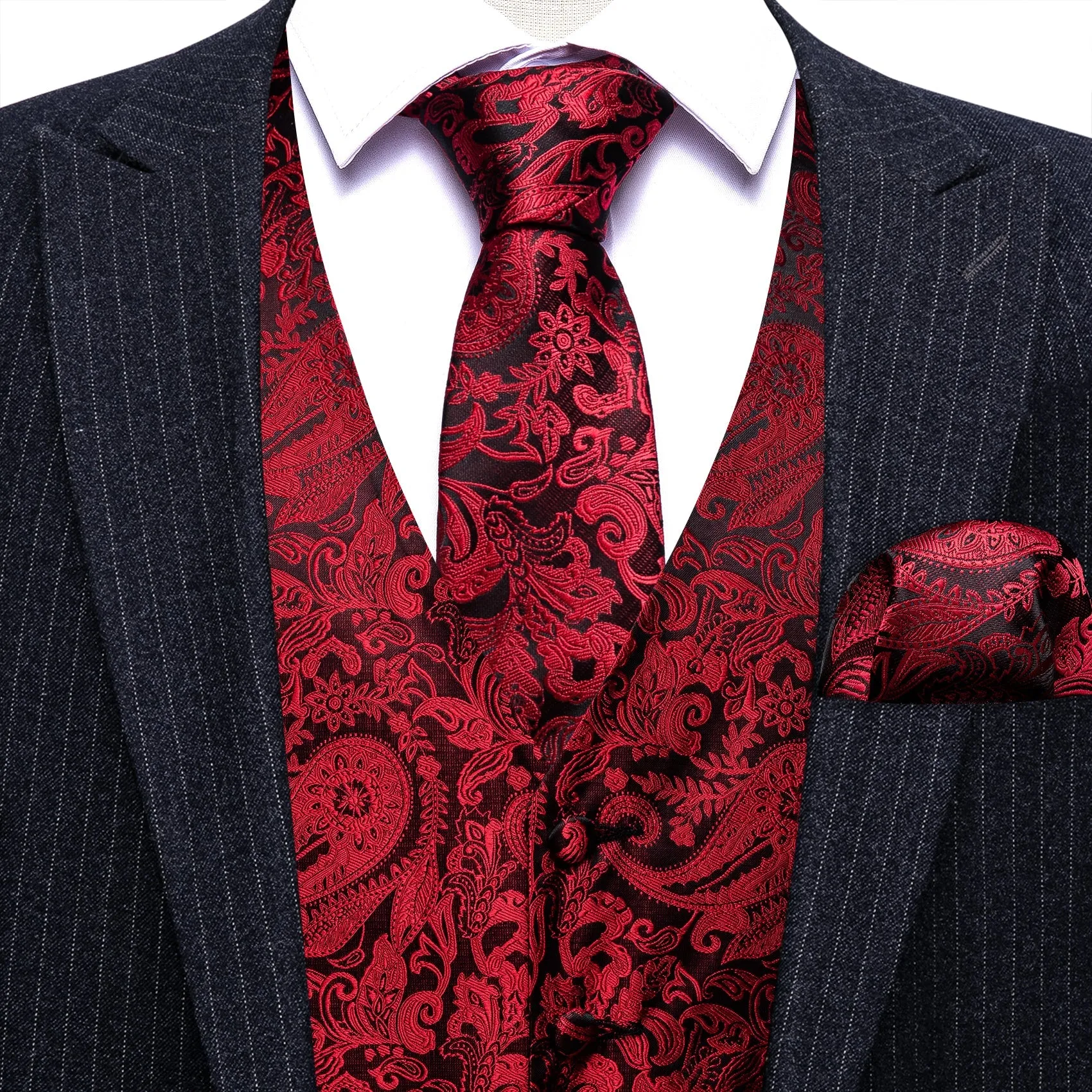Red Black Paisley Silk Men's Vest Tie Handkerchief Cufflinks Set