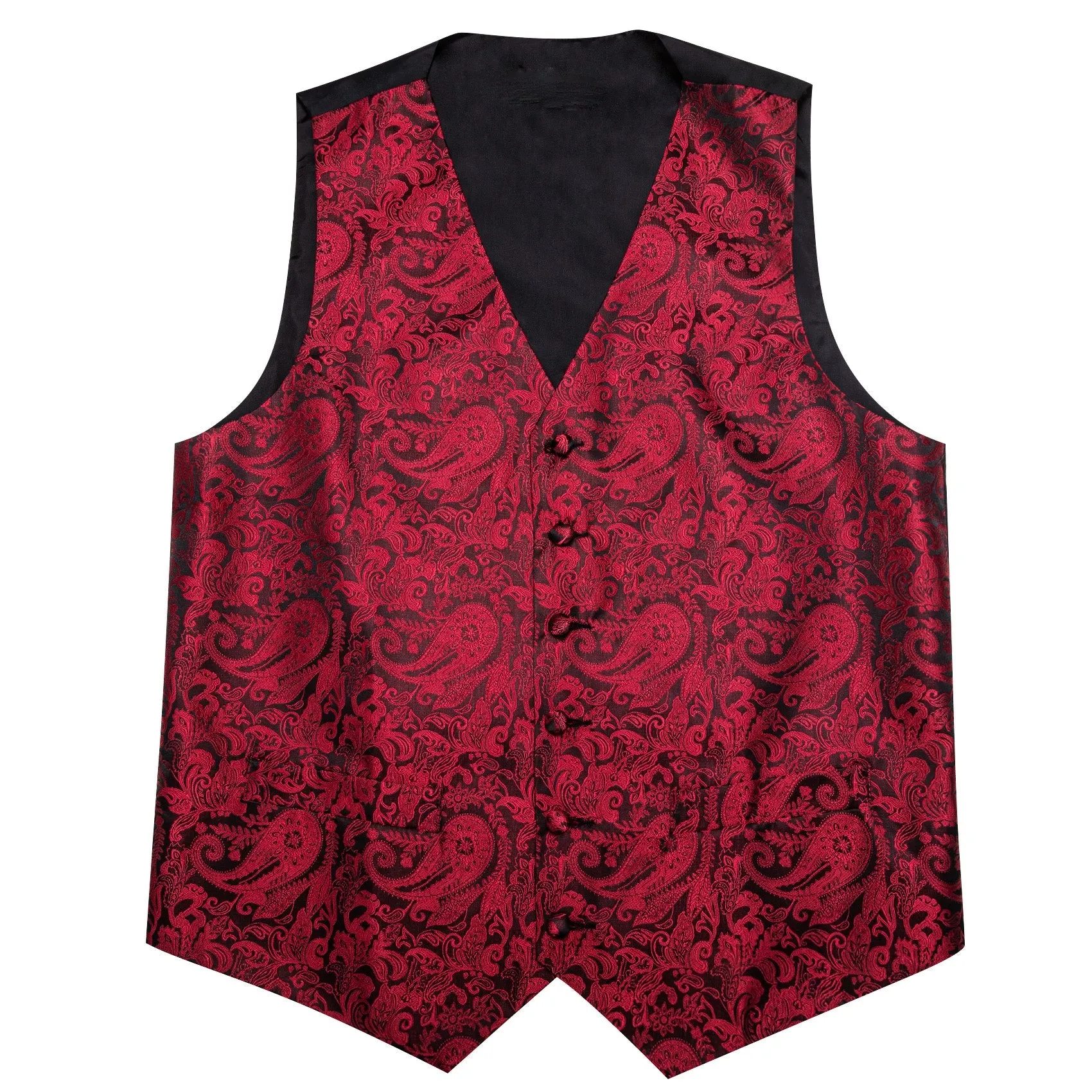 Red Black Paisley Silk Men's Vest Tie Handkerchief Cufflinks Set