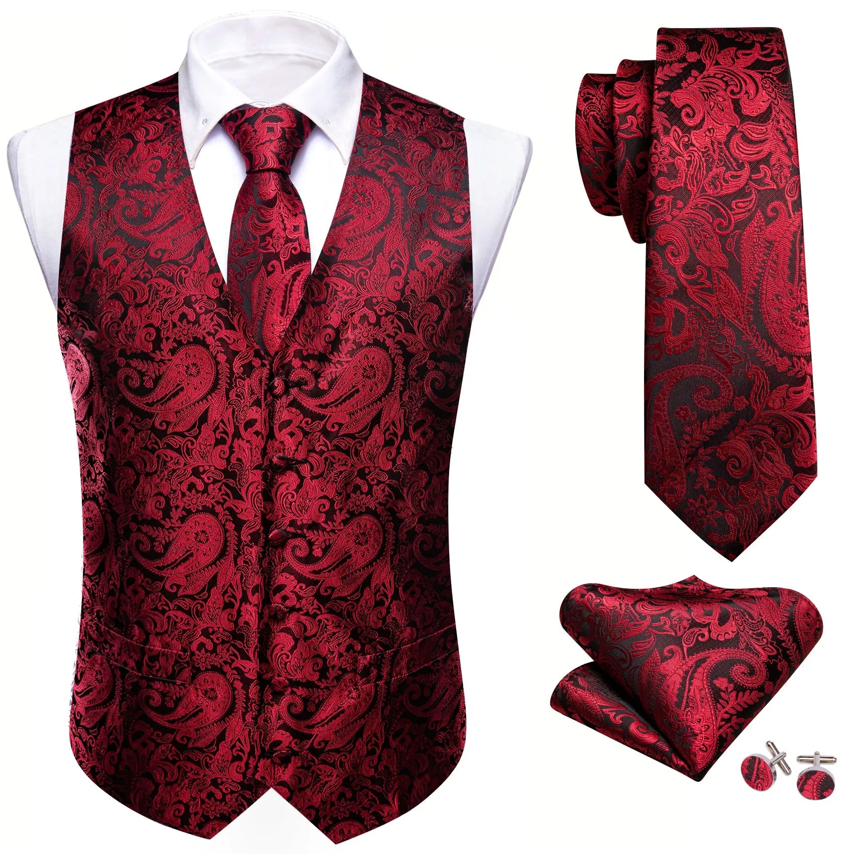 Red Black Paisley Silk Men's Vest Tie Handkerchief Cufflinks Set