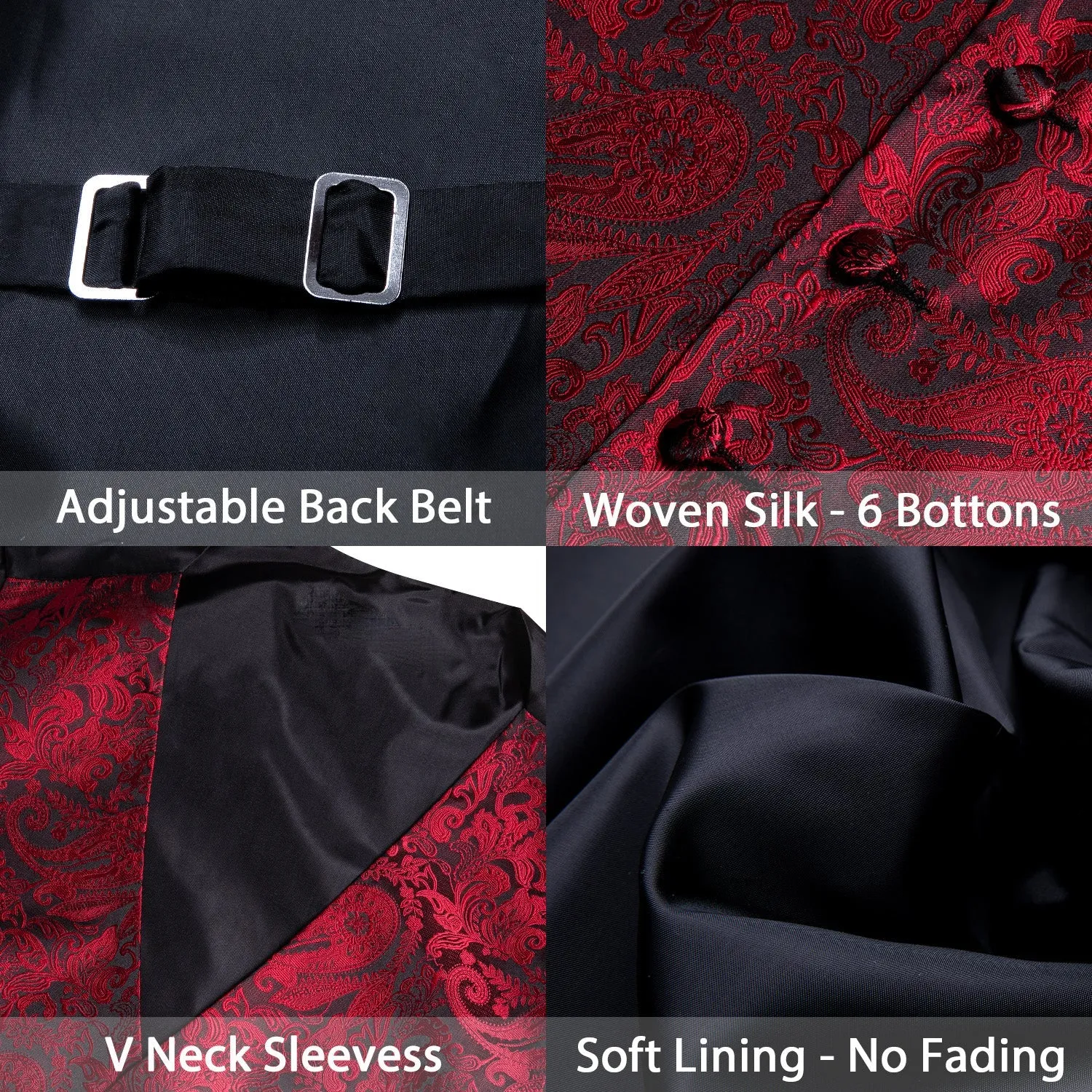 Red Black Paisley Silk Men's Vest Tie Handkerchief Cufflinks Set