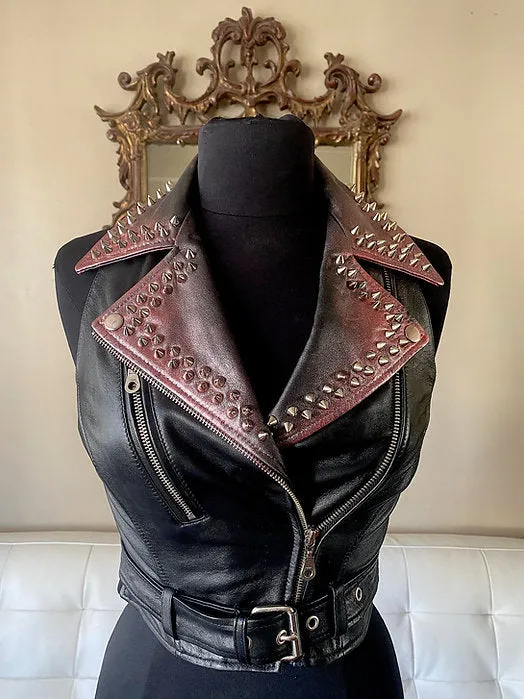 Red Metallic Detailed Studded Leather Motorcycle Biker Vest, XS