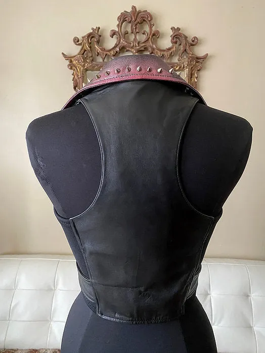 Red Metallic Detailed Studded Leather Motorcycle Biker Vest, XS