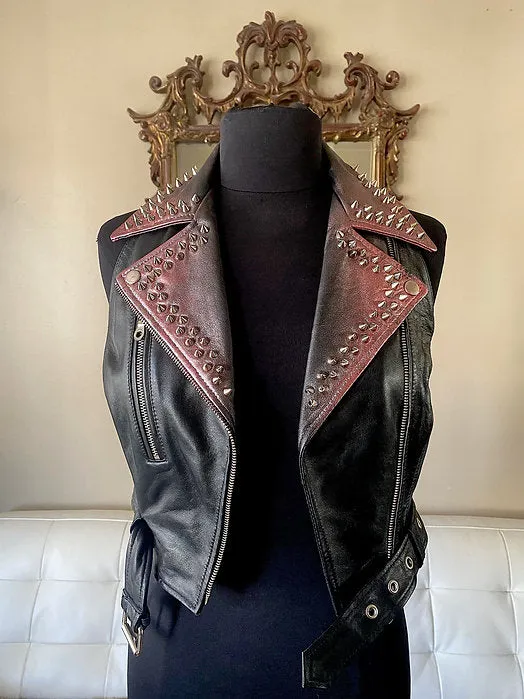 Red Metallic Detailed Studded Leather Motorcycle Biker Vest, XS