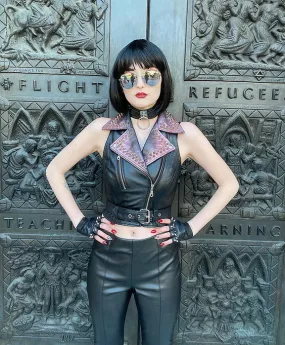 Red Metallic Detailed Studded Leather Motorcycle Biker Vest, XS