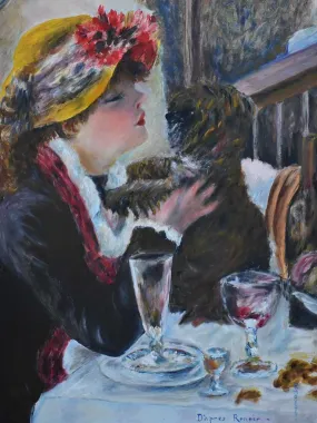 RESERVED JS - Mid century painting - interpretation of  Luncheon of the Boating Party, Renoir 21¼ x 27¼""