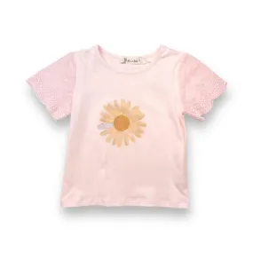 Rhinstone Floral Lace Sleeves Pink Tee