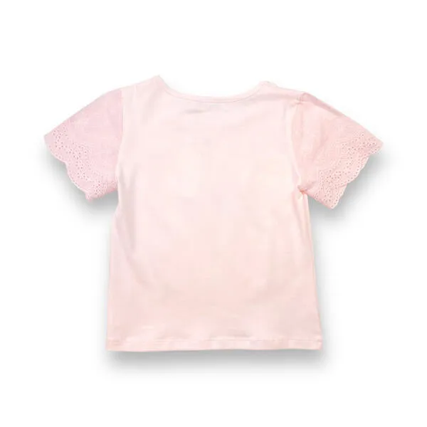 Rhinstone Floral Lace Sleeves Pink Tee