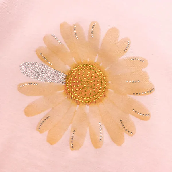 Rhinstone Floral Lace Sleeves Pink Tee