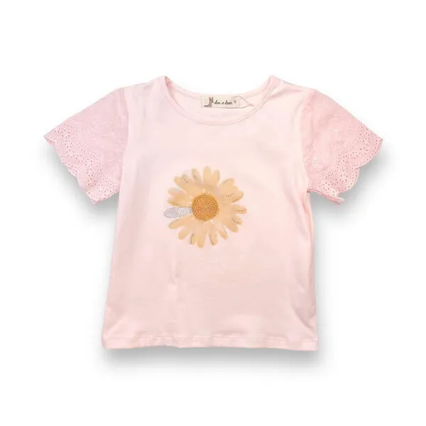 Rhinstone Floral Lace Sleeves Pink Tee