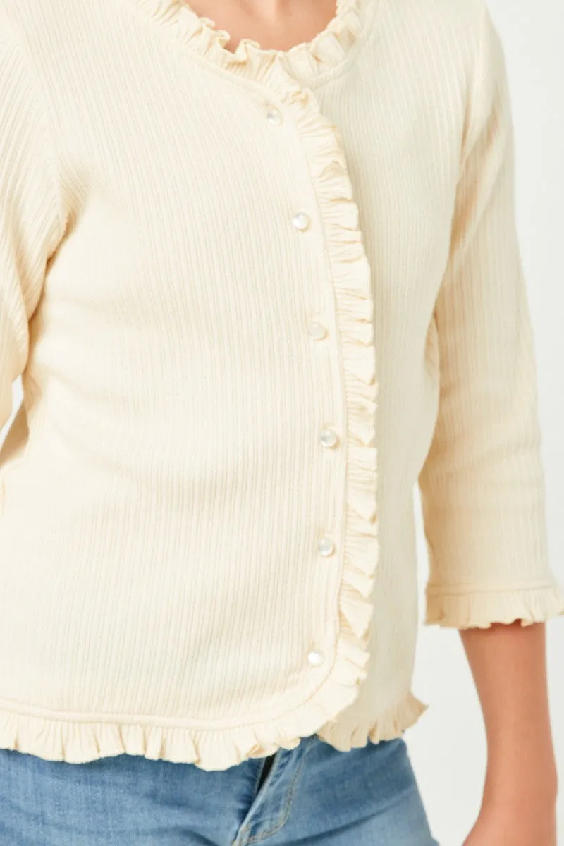 Ruffle Ribbed Knit Buttoned Cardigan