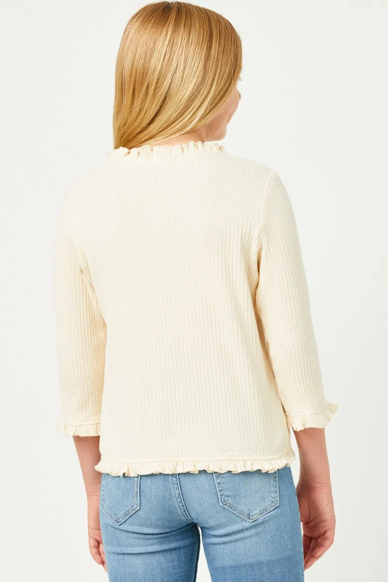 Ruffle Ribbed Knit Buttoned Cardigan